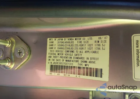 2007 Honda Cr-V Ex z USA, uszkodzony, nr VIN JHLRE38537C071313